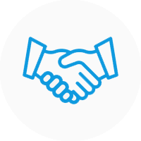 A blue and white icon of two people shaking hands.
