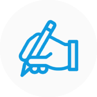 A blue and white icon of a hand holding a pen.